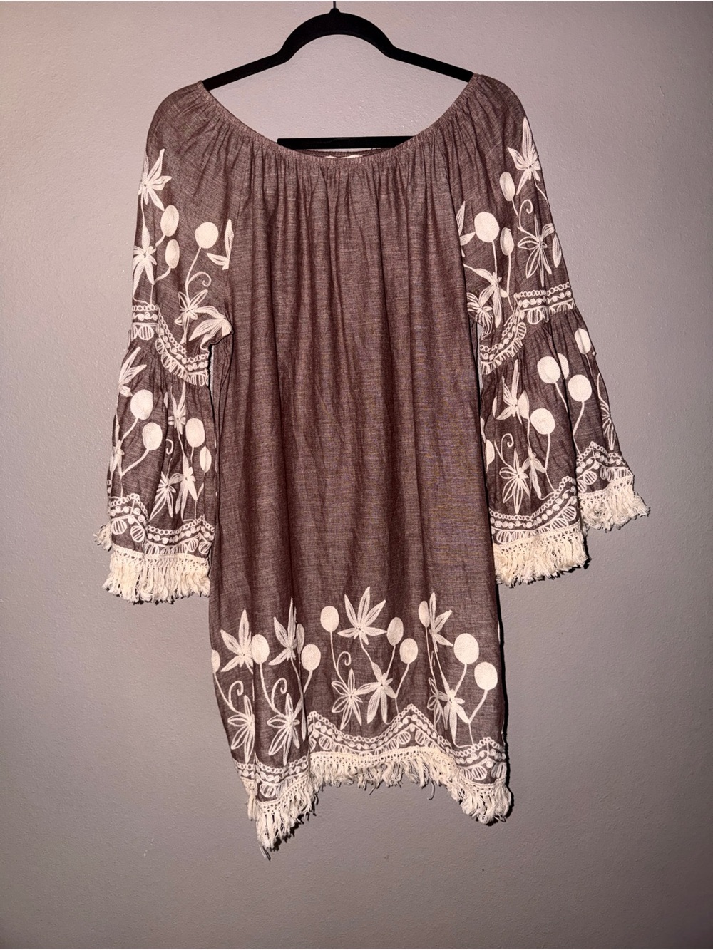 indigo soul Brown Mini Dress with Cream Floral Embroidery